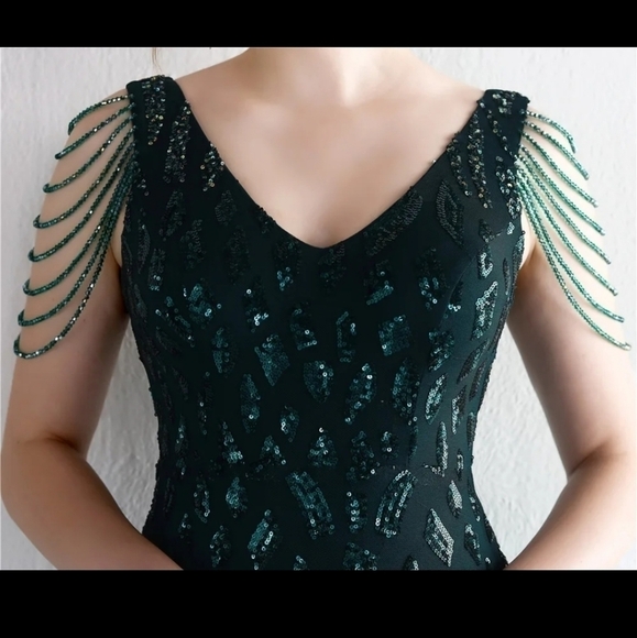 Dark Green, Rhinestone, Contrast Sequined Graphic Print Mermaid Maxi gown - Picture 8 of 16